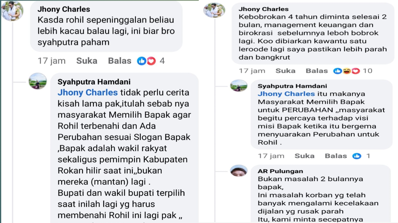 Komentar Wabup Rohil pada Unggahan dari akun Facebook bernama Syahputra Hamdani.