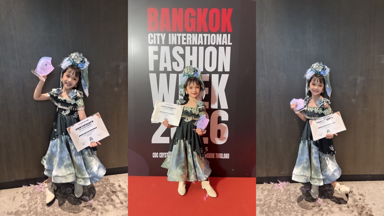 Queen Mazza Avicenna, model cilik berbakat asal Bumi Pacu Jalur, sukses meraih predikat Top Model pada ajang bergengsi Bangkok City International Fashion Week 2026 yang digelar di CDC Ballroom, Bangkok, Thailand, Sabtu (25/4/2026).