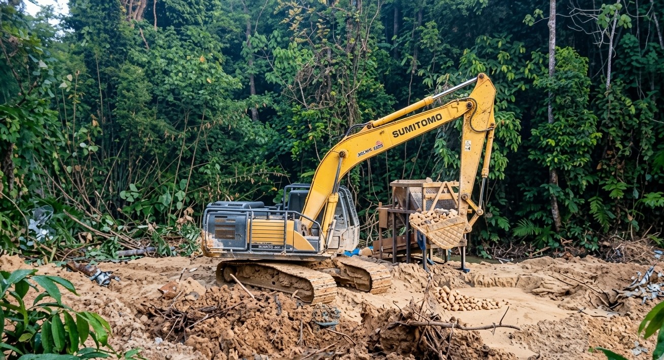 Alat berat jenis excavator merek Sumitomo diduga milik Ican pelaku PETI yang Menggila di Hutan Lindung Bukit Betabuh